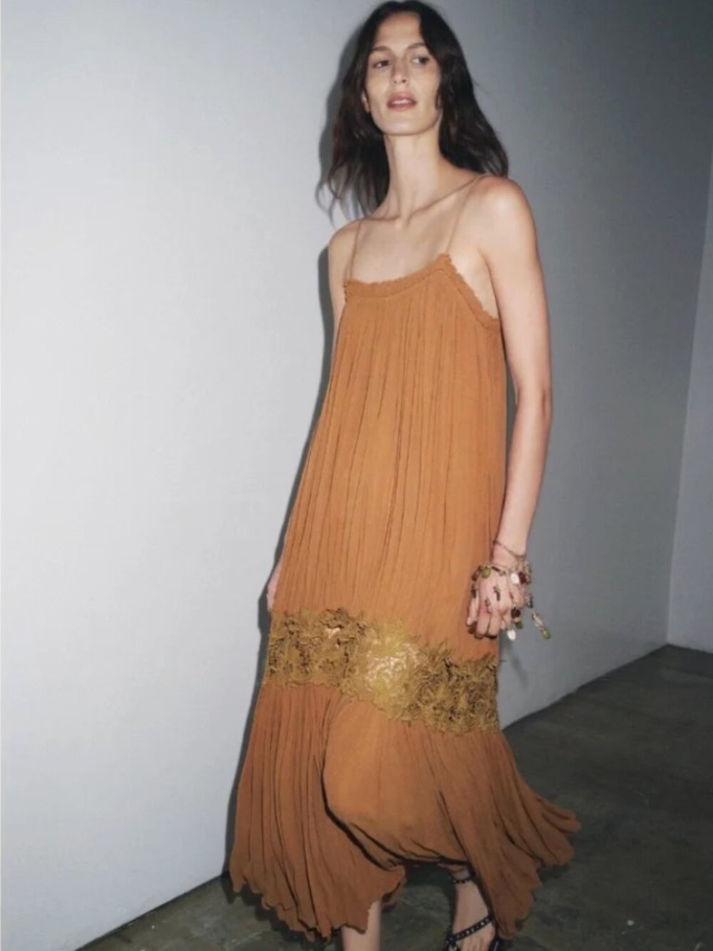 Zara Rust Brown Pleated Maxi Dress with Lace Trim